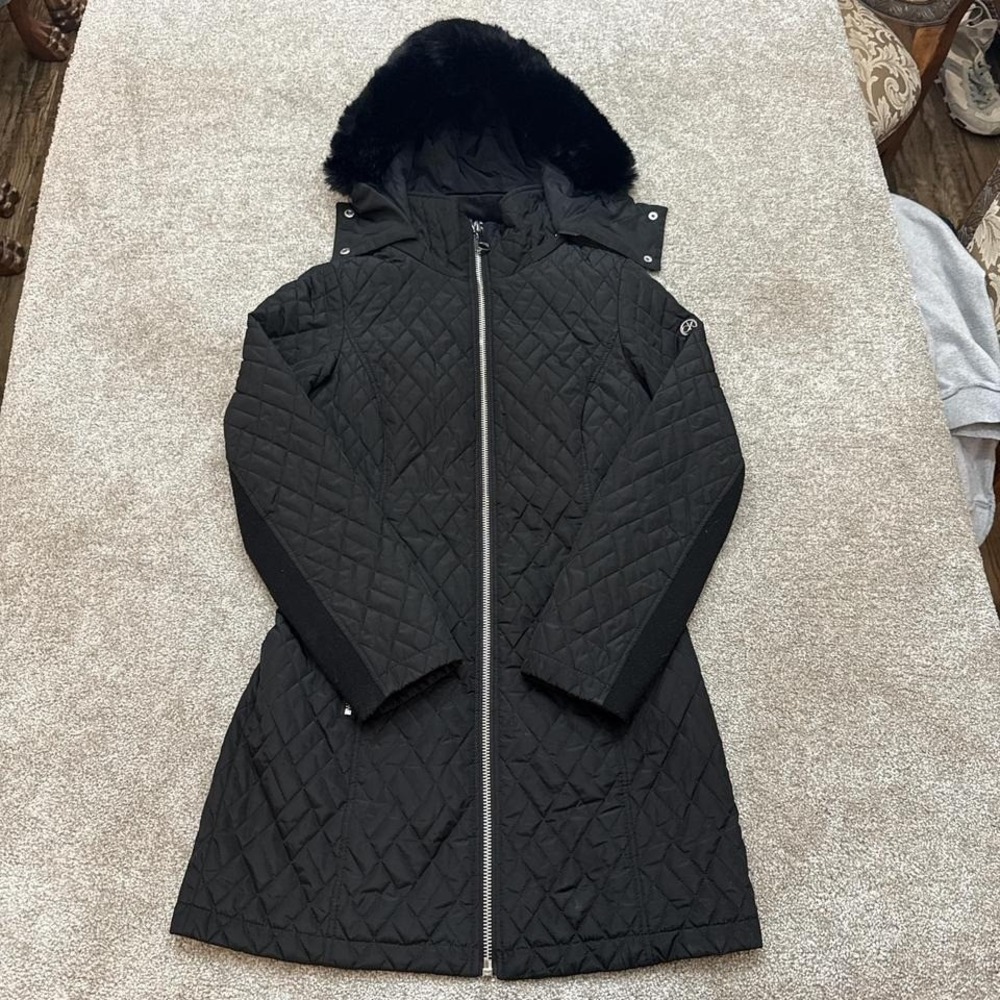 Calvin Klein Diamond Quilted Overcoat Full Zip Faux Fur Hood Women's XS